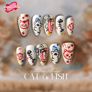 Hungrige Katze, kurze Mandel, süße Cartoon Nägel, Fischgräte Kunst | Handgemachte lustige Nägel für Party, Geschenk oder Sommernagel, Press On Nails