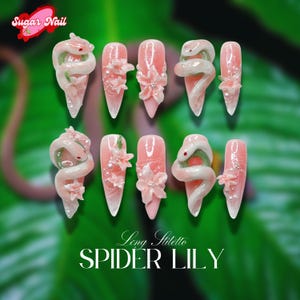 Jade Schlange Floral Drücken Sie auf die Nägel | 3D Blüten-Schlange Nail Art | Farbverlauf Grüne Gefälschte Nägel | Kristall Charm Nail Art |Verzauberter Garten