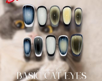 Blue Aurora Cat Eye Nails, Handmade Gradient Unicorn Press On Nails, Short Oval Shiny Fantasy Nail Set, Medium Almond Option, basic nail