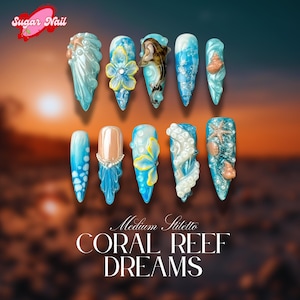 Ocean-Inspired 3D Press On Nails | Beach Theme with Seashells and Starfish | Handmade Press On Nails for Summer Vibes