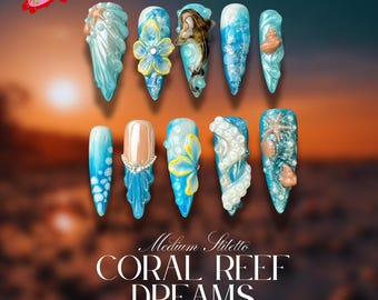 Ocean-Inspired 3D Press On Nails | Beach Theme with Seashells and Starfish | Handmade Press On Nails for Summer Vibes
