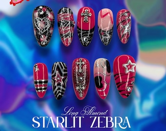Starliz Zebra Nails, Y2K Style with Heart Charm and Something Like Cross Press On Nails, Star Nails, Pink Black Cool Nail, Hip Hop Nails
