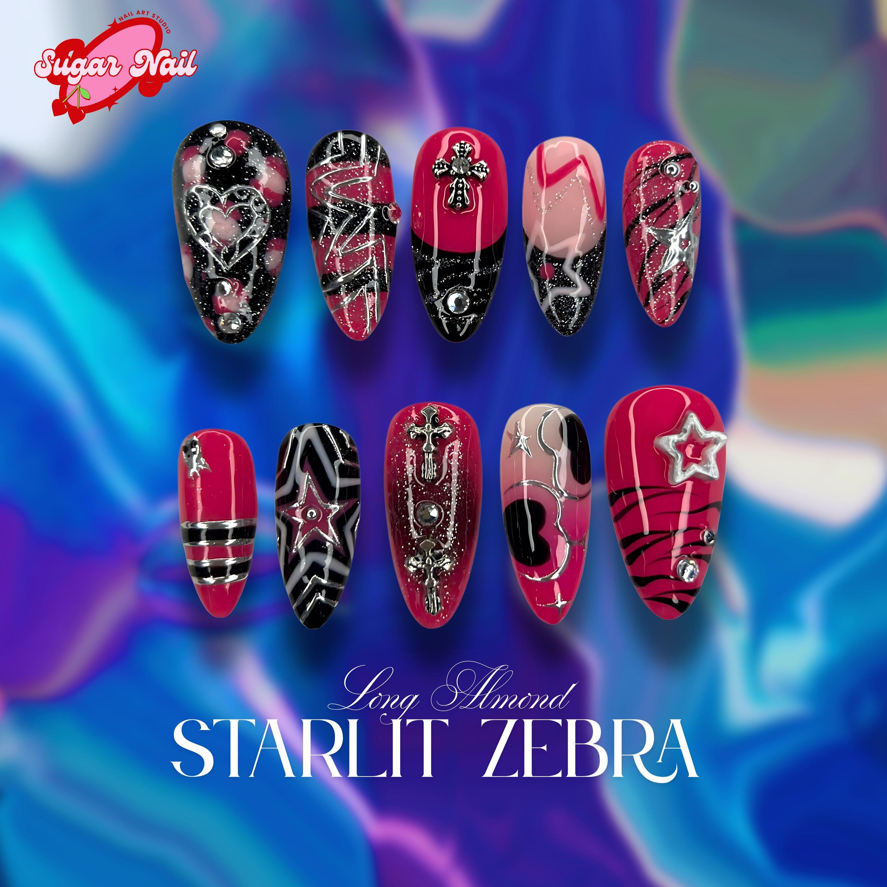 YATI NAIL 様 オーダー品 Starliz Zebra Nails, Y2K Style With Heart Charm and Something Like