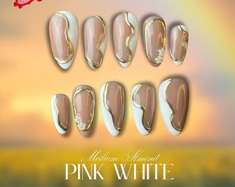 Pink White Nail, Medium Almond Nails, Gold Outline Nails, Press On Nails, 3D Floral Nails, Elegant Nails, Wedding Nails, Handmade Gift
