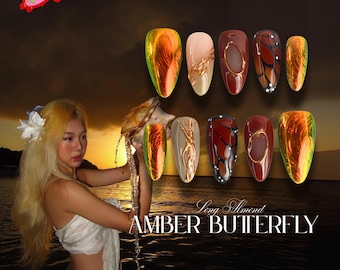 Uñas postizas color ámbar / Uñas postizas almendradas cortas / Uñas con diseño de sol marrón / Uñas con aro de mariposa / Diseño de concha de fritillaria / Uñas festivas