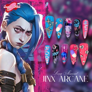 Ar.cane Jinx LOL Inspired Press On Nails, Cool Pink Blue Pattern Nail with 3D Pill, Silver Star Charm, Hand-Painted Haha Boom, Cosplay Nails