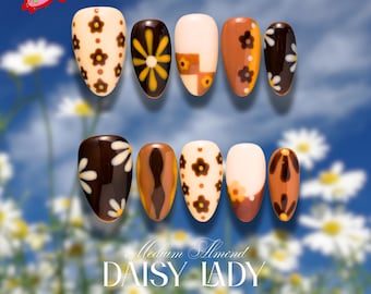 Retro Daisy Checkerboard Press On Nails | Brown Orange Swirl Nail Art | Cozy Fall Almond Nails with Mini Flowers | Handmade Vintage Nail Set