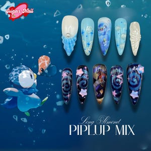 May include: A set of long almond-shaped artificial nails with various designs. The designs include blue and white patterns, stars, and a cartoon character. The text "Sugar Nail" and "PIPLUP MIX" are visible.