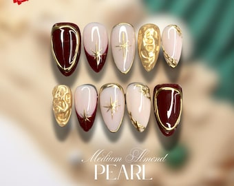 Brown Beige Press On Nails – Hand-Painted Fall Almond Nails with Small Rhinestones, Elegant Tortoise Shell Look, Daily or Gift Set