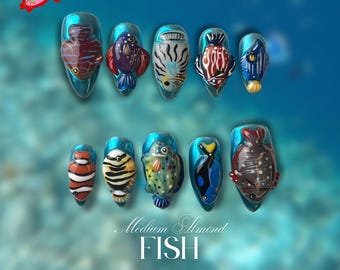 Marine life, Fish nails, 3D Ocean Animal, Handmade Shark, Dolphin, Fish Nail Art | Custom Marine Life, Summer Nail Set for Vacation or Gift