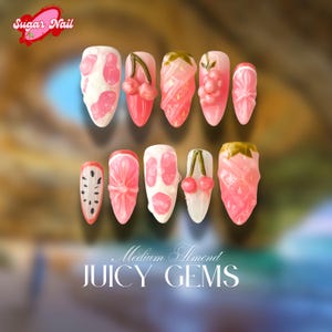 Kawaiii Sweet Fruit Press-On Nails, 3D Strawberry & Cherry Art, Pink Ombre Clear Gel, Cute Pastel Aesthetic, Sweet Summer Fun for Everyday