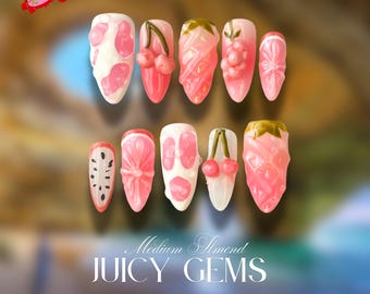 Kawaiii Sweet Fruit Press-On Nails, 3D Strawberry & Cherry Art, Pink Ombre Clear Gel, Cute Pastel Aesthetic, Sweet Summer Fun for Everyday