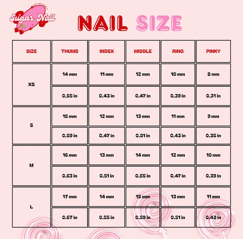 May include: A pink and white chart titled "NAIL SIZE" with measurements in millimeters and inches. The chart includes sizes XS, S, M, and L, with corresponding nail measurements for thumb, index, middle, ring, and pinky fingers.