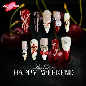 Vegas Casino-Inspired Press On Nails, Cherry Dice Nails, Pool Ball Nail, Handmade Red Party Nails, Outdoor Game Nail Design, Gift Nail