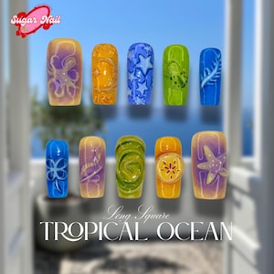 Tropical Ocean with Fresh Color, 3D Star, Octopus and Starfish Press On Nails, Coconut Leaf, Shrimp and Daisy, Cute Nails, Birthday Gift