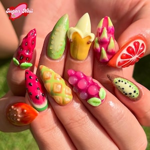 Kawaii Fruit Tropical Summer Press On Nails | Strawberry, Cherry & Animal Design | Handmade Glitter Cute 3D Nail Art Set