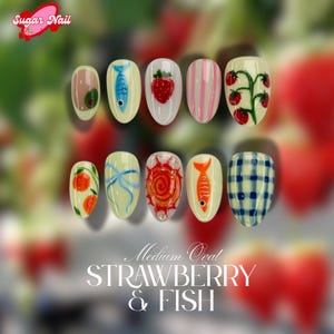 Fruit Garden Press On Nails – Handmade Almond Nails with Strawberry, Fish, Bow & Sun Charms Cute Vegan-Friendly Nail Art for Holiday Party