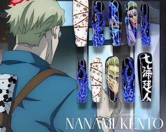 Nana.mi Ken.to Nails JJK, Juju.tsu Kai.sen Anime Nails, Blue White Long Almond Press On Nails, Handmade Cosplay Manga Nails
