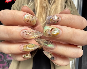 Medieval Gothic Press On Nails | Silver Nails with Hand-Painted Floral Art | Mixed Shape Chrome Armor Nails | Dark Green Gold Gothic Nails