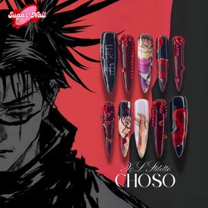 Unhas de anime Cho.so, unhas de pressão inspiradas em arte sangrenta, conjunto de unhas de anime vermelho e preto, unhas de cosplay otaku, presente para fãs de anime, unhas estilo JJK