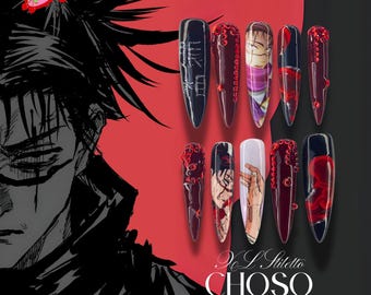 Cho.so Anime Nail, Blood Art Inspired Press On Nails, Red Black Anime Nail Set, Otaku Cosplay Nails, Gift for Anime Fan, JJK Style Nails