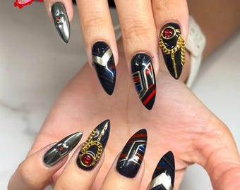 Golden Chains False Nails, Black Anime Inspired Nail Art, Eagle Chrome Press On Nails, Soldier Police Man Nails, Cosplay Nails, Nail for Fan