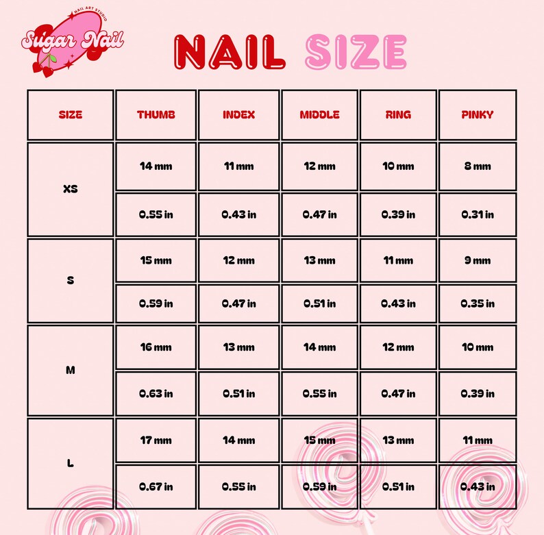 May include: A pink and white nail size chart with measurements in inches and millimeters. The chart includes sizes XS, S, M, and L, with corresponding thumb, index, middle, ring, and pinky measurements.