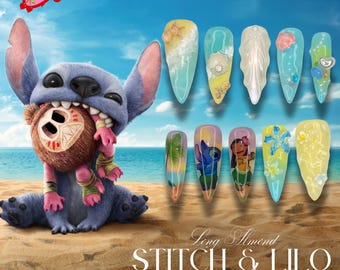 Tropical Alien-Inspired Nails | Blue & Pink Cute Press-On Gel Nails | Kawaii Beach Vibes | Handmade Fun Cartoon Nail Art