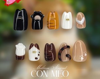 Uñas postizas Kawaii de gato / Uñas con diseño de huella de gato y gatito en 3D / Uñas hechas a mano con diseños de animales adorables / Set de regalo para amantes de las mascotas, uñas para cosplay, uñas para mascotas