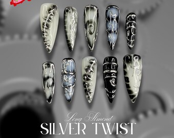 Srebrne paznokcie Twist, chromowane, gotyckie, prasowane paznokcie, zdobienie paznokci z trójwymiarowym krzyżem, ręcznie robione metaliczne srebro, sztuczne paznokcie na cosplay, pokazy, prezenty urodzinowe