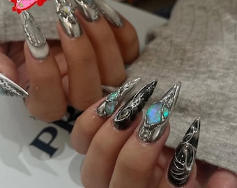 Gothic Long Stiletto Press On Nails,Dark Glam Fake Nail,Custom 3D Metallic Silver and Purple Aurora Nail Art, Punk Rock, Goth nail, Y2K Nail