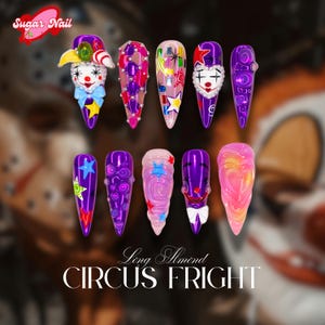 Clown effrayant à presser sur les ongles : ongles 3D tendance Arlequin Carnival