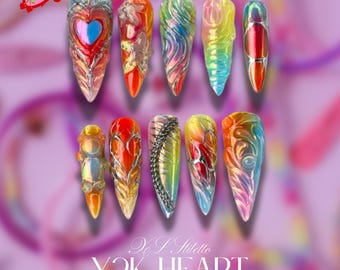 Colorful Y2K Chrome Press On Nails – Abstract Metallic Fantasy Nail Art – Handmade Vibrant Statement Nails