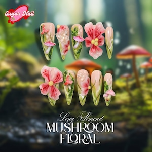 Glossy 3D Nature Press On Nails Fairycore Butterfly, Mushroom & Floral Nail Set, Green, Orange Aesthetic