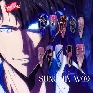 Shadow Hunter Press-On Nails, Dark Fantasy Purple-Blue Design with Intricate Character Art, Handmade Anime-Inspired Gel Nails, Gift for Her