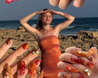 Juicy Fruit Press On Nails | 3D Orange & Floral Summer Beach Nails | Handmade Gel Nail Set with Tropical Ocean Vibes | Long Almond Nails