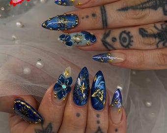 Royal Blue Floral Nails: Gold Chrome, Cateye and 3D Lily Press on Nails