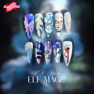 Unghie ispirate agli elfi e ai maghi / Set di unghie in gel fantasy blu e oro / Estetica magica anime / Unghie finte eleganti fatte a mano