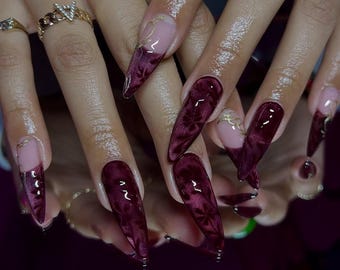 Burgundy Blooming Flower Press On Nails | Luxury French Fake Nails | Mulberry Floral Nail Art | Spring Press Ons | Long Stiletto Purple Nail