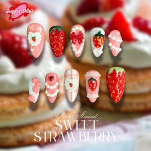 Strawberry Day Kawaii Press On Nails, Cute Pink Pearl Short Nails, Handmade Sweet Cake, Fruit Nail, Gift for Her, birthday gift for friend