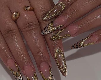 Jungle Glam Press On Nails | Leopard Pattern Nails | Gold Chain Pearl Accent | Luxury Edgy Press Ons | Luxury Handmade Nails | Gyaru Nails