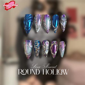 Gothic Cross Abstract Chrome Press-On Nails – Purple Mirror Nail Art, Y2K Edgy Reusable Fake Nails Custom 3D Metallic Medium Stiletto Shape