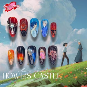 Lovestory Indestructible Howl and Sophie Nails, Moving Castle Nails, Ghi.bli Inspired Nails, Firey Ghost Cute Nails, Butterfly Stone Charm