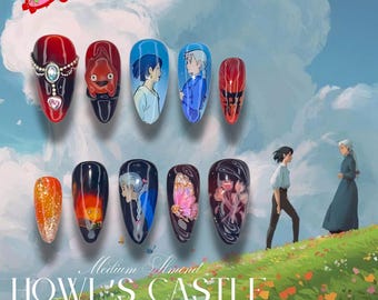 Ongles Lovestory Indestructible Howl and Sophie, ongles Moving Castle, ongles inspirés de Ghi.bli, ongles mignons Firey Ghost, breloque papillon