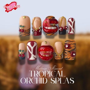 Cherry Tiger Glam, Y2K Red Lips & Chain 3D Nail Art, Press On Nails | Bold Gothic Animal Print Long Fake Nails | Funky Press Ons