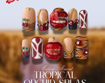 May include: A set of almond-shaped artificial nails with various designs. Some nails feature cherry accents, gold chains, and tiger stripes. Others showcase red and white patterns or a red lip design. The text "Sugar Nail" is in the upper left corner.