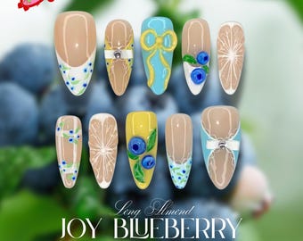 Crystal Citrus Fruit Press on Nails, Summer 3D Orange & Blueberry