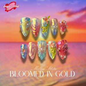Colorful Flower, Secret Garden Press On Nails | Long Almond Floral Nail Set | 3D Design | Birthday, Holiday, Vacation Fake Nails