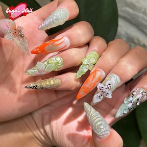 3D Floral Green Press On Nails, Handmade Nature-Inspired Nail Art, Luxury Botanical Press On Nails, Green Nails, Garden-Inspired Fake Nails