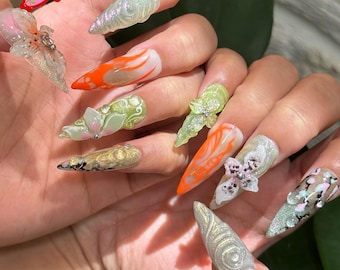 3D Floral Green Press On Nails, Handmade Nature-Inspired Nail Art, Luxury Botanical Press On Nails, Green Nails, Garden-Inspired Fake Nails